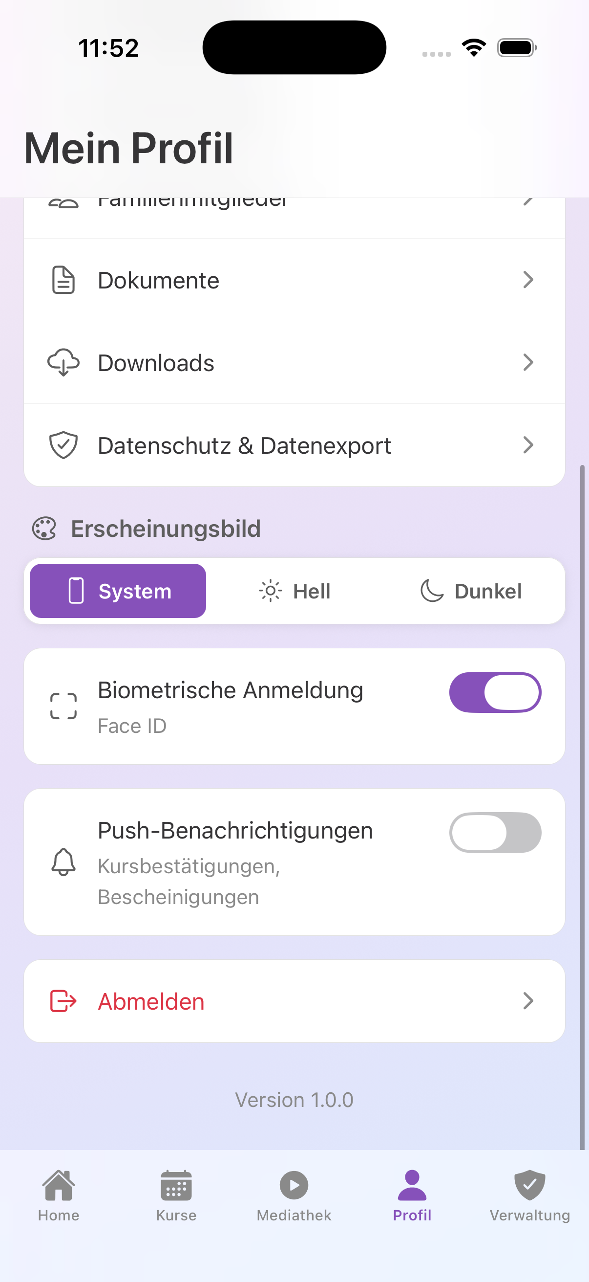 Profil mit Biometrie-Schalter